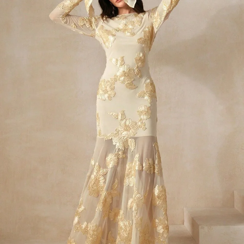 Apricot Elegant Women's Floral Embroidered Backless Fishtail Dress